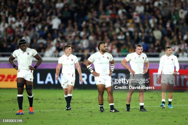 Maro Itoje, Owen Farrell, Billy Vunipola, Sam Underhill and Jonny May of England look on dejected during the Rugby World Cup 2019 Final between...