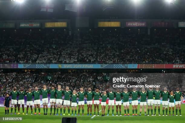 General view inside the stadium as the South Africa players line up for the national anthem prior to the Rugby World Cup 2019 Final between England...