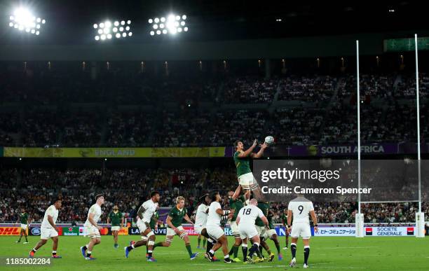 General view inside the stadium as Eben Etzebeth of South Africa wins a line-out ball during the Rugby World Cup 2019 Final between England and South...