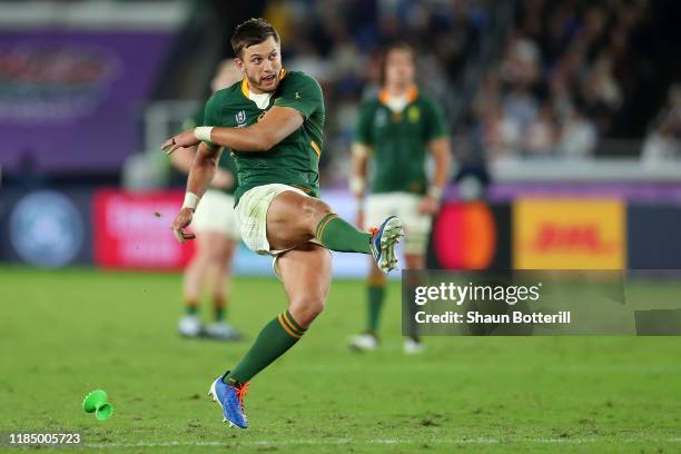 Handre Pollard of South Africa scores a penalty goal during the Rugby World Cup 2019 Final between England and South Africa at International Stadium...