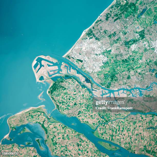 rotterdam river mouth 3d renderen luchtfoto top view aug 2019 - nederland kaart stockfoto's en -beelden