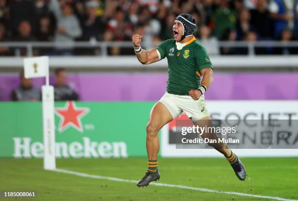 Cheslin Kolbe of South Africa celebrates after scoring his team's second try during the Rugby World Cup 2019 Final between England and South Africa...