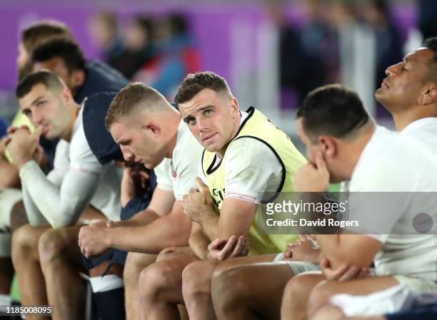 George Ford of England looks dejected on the bench after his side conceded a second try during the Rugby World Cup 2019 Final between England and...