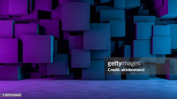 abstrakte 3d beton würfel hintergrund mit neon lichter - background concrete indoor stock-fotos und bilder