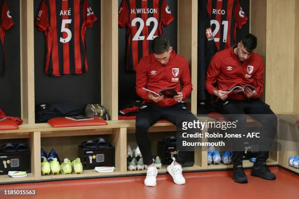 Harry Wilson and Diego Rico of Bournemouth in the home dressing room before the Premier League match between AFC Bournemouth and Manchester United at...