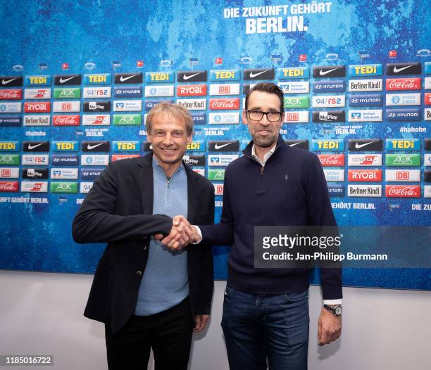 Coach Juergen Klinsmann and CEO Bereiche Sport, Kommunikation/Medien Michael Preetz of Hertha BSC during a press conference on November 27, 2019 in...