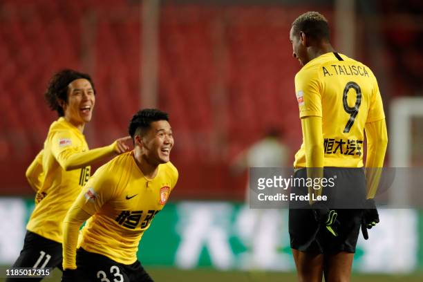 Anderson Talisca of Guangzhou Evergrande celebrates after scoring his team's goal during the 2019 China Super League between Heber China Fortune and...