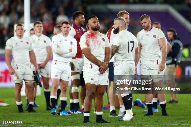 Joe Marler and Billy Vunipola of England look on dejected after defeat in the Rugby World Cup 2019 Final between England and South Africa at...