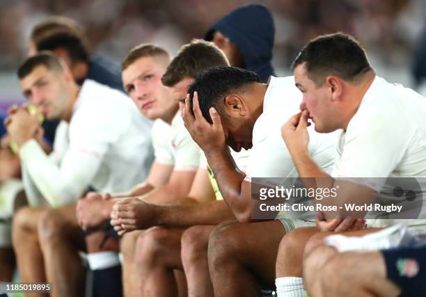 Mako Vunipola of England looks on dejected on the team bench during the Rugby World Cup 2019 Final between England and South Africa at International...