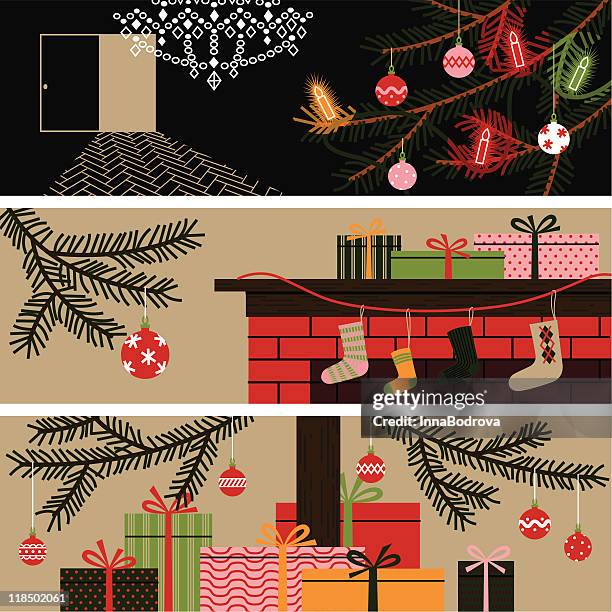 stockillustraties, clipart, cartoons en iconen met christmas banners. - open haard