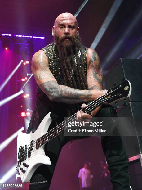 Bassist Chris Kael of Five Finger Death Punch jokes around as he performs as the band kicks off its fall 2019 tour at The Joint inside the Hard Rock...