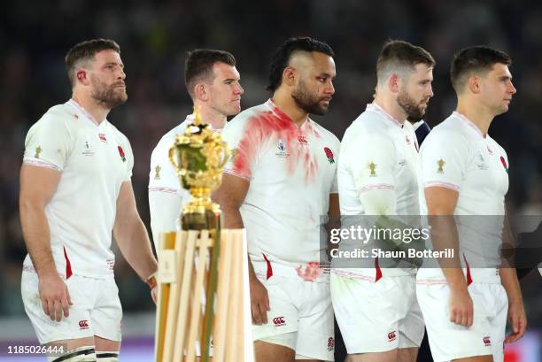 Mark Wilson, Ben Spencer, Billy Vunipola, Elliot Daly and Ben Youngs of England look dejected in defeat after the Rugby World Cup 2019 Final between...