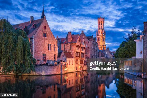 view from the rozenhoedkaai to the belfry tower, bruges, flanders, belgium - bruges stockfoto's en -beelden