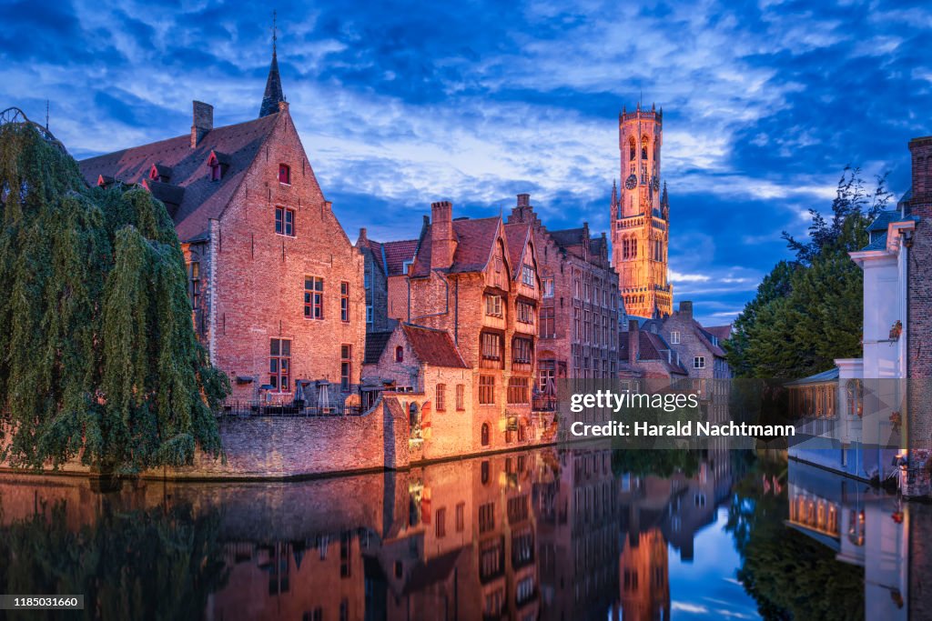 View from the Rozenhoedkaai to the Belfry Tower, Bruges, Flanders, Belgium