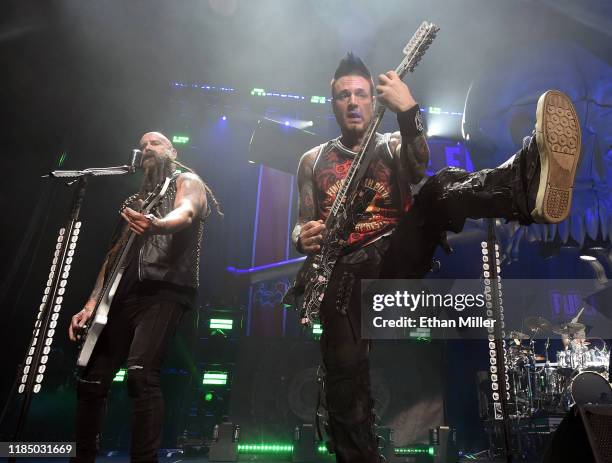 Bassist Chris Kael and guitarist Jason Hook of Five Finger Death Punch perform as the band kicks off its fall 2019 tour at The Joint inside the Hard...