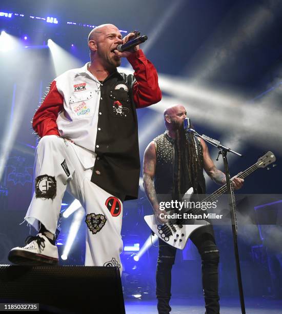 Singer Ivan Moody and bassist Chris Kael of Five Finger Death Punch perform as the band kicks off its fall 2019 tour at The Joint inside the Hard...