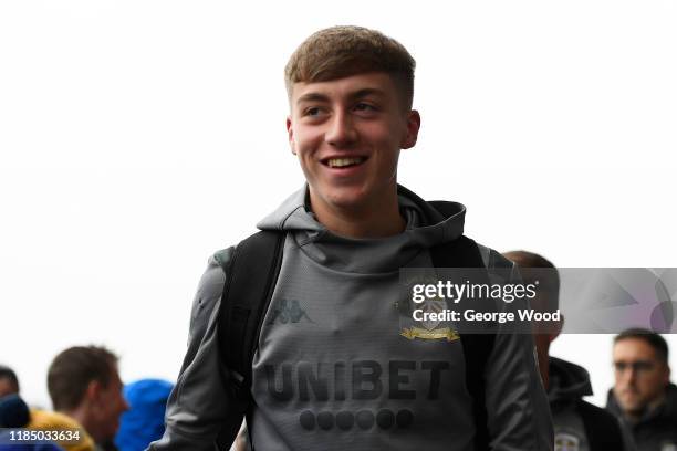 Jack Clarke of Leeds United arrives prior to the Sky Bet Championship match between Leeds United and Queens Park Rangers at Elland Road on November...
