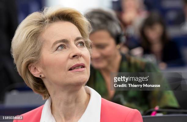 President of the European Commission Ursula von der Leyen looks at the result of the vote during a session of the European Parlaiment on November 27,...