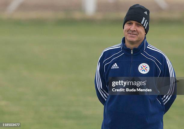 Coach Gerardo Martino of Paraguay during a training session at the Belgrano CT on July 08, 2011 in Cordoba, Argentina. Paraguay will face Brazil in a...