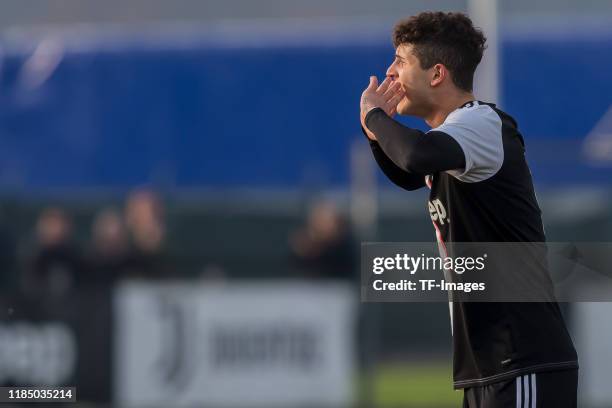 Elia Petrelli of Juventus U19 gestures during the UEFA Youth League match between Juventus U19 and Atletico Madrid U19 on November 26, 2019 in Turin,...