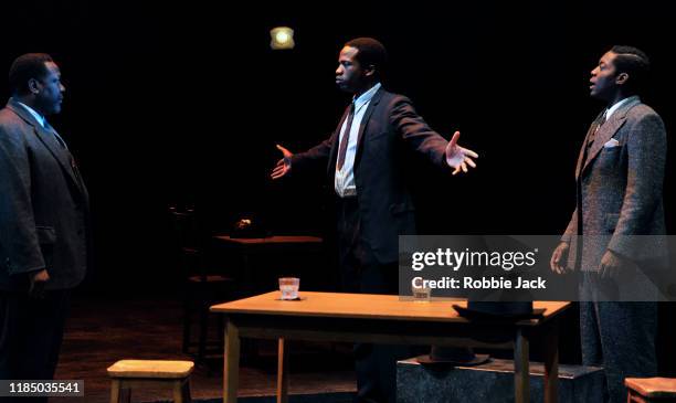 Wendell Pierce as Willy Loman, Sope Dirisu as Biff Loman and Natey Jones as Happy Loman in the Young Vic production of Arthur Miller's Death Of A...