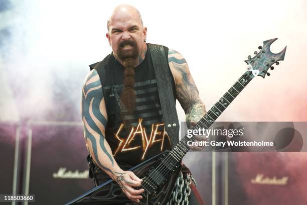 Kerry King of Slayer performs on stage during the first day of Sonisphere 2011at Knebworth House on July 8, 2011 in Stevenage, United Kingdom.