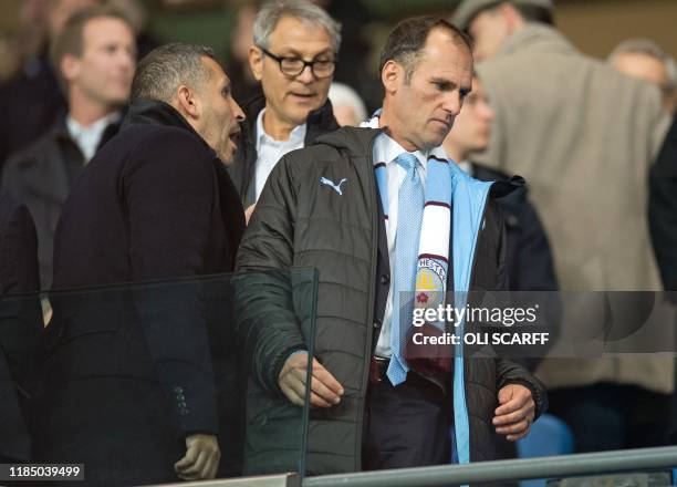 Manchester City chairman Khaldoon Al Mubarak and Silver Lake Managing Director Egon Durban take their seats in the stands ahead of the English...