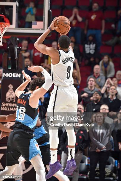 Spencer Dinwiddie of the Brooklyn Nets makes the game winning shot against the Cleveland Cavaliers on November 25, 2019 at Rocket Mortgage FieldHouse...