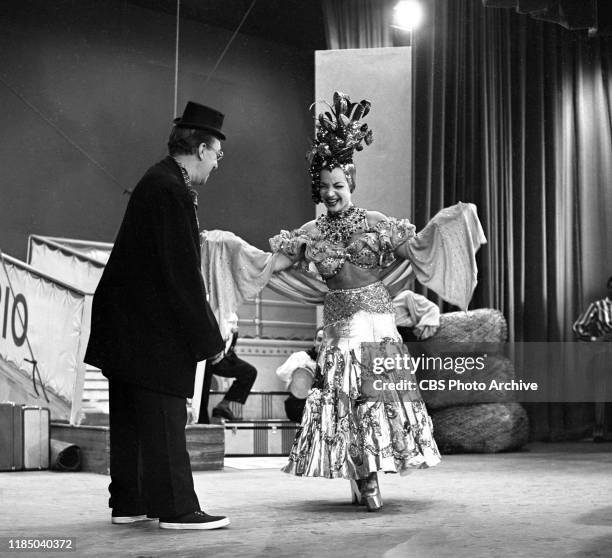 The Ed Wynn Show, a CBS television sketch comedy and music program.Pictured from left is Ed Wynn and guest singer Carmen Miranda. September 29, 1949.