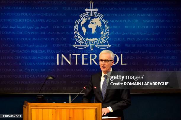 Interpol Secretary-General Jurgen Stock gives a speech during the ceremony marking the 30th anniversary of the International Criminal Police...