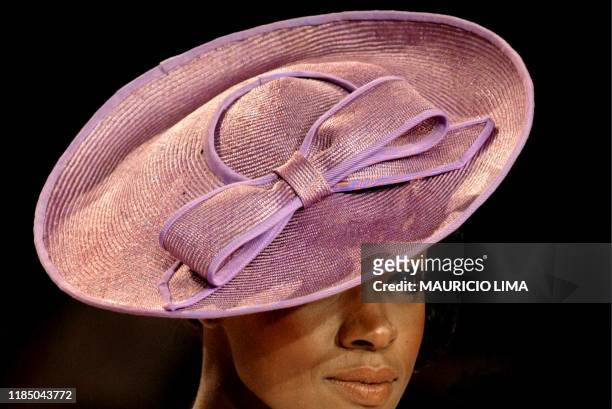 Detail on a hat worn by a model for Brazilian desinger Cavalera, 31 January 2003, during Sao Paulo Fashion Week, collection fall-winter 2002-2003 in...