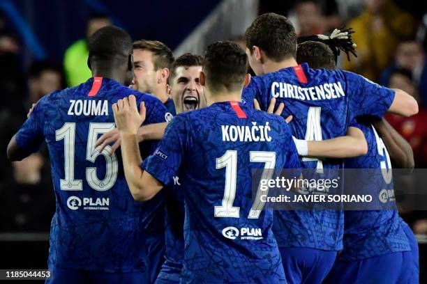 Chelsea's US midfielder Christian Pulisic celebrates his goal during the UEFA Champions League Group H football match between Valencia CF and Chelsea...