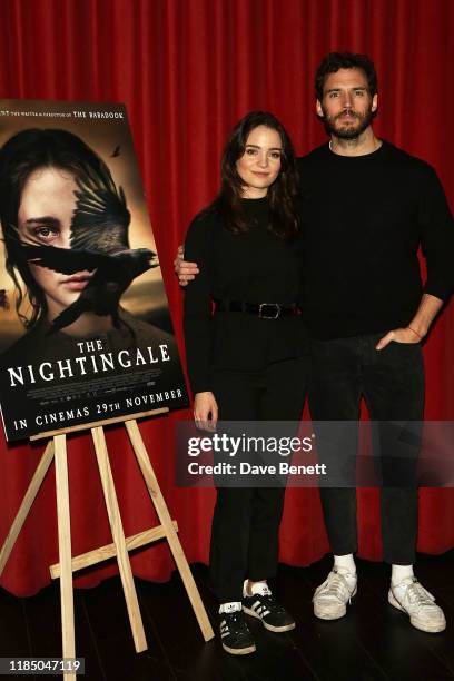 Sam Claflin and Aisling Franciosi attend a Q&A screening of "The Nightingale" at the Curzon Soho on November 27, 2019 in London, England.