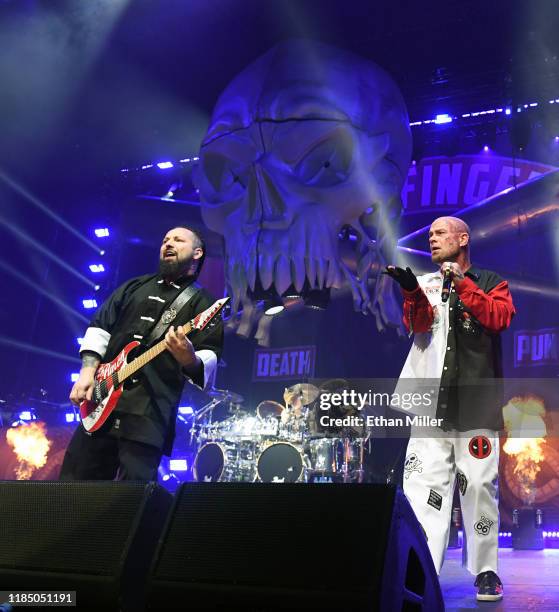 Guitarist Zoltan Bathory and singer Ivan Moody of Five Finger Death Punch perform as the band kicks off its fall 2019 tour at The Joint inside the...