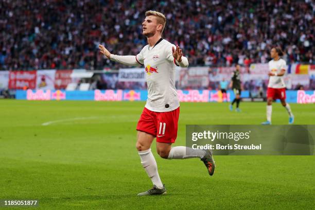 Timo Werner of RB Leipzig celebrates after scoring his team's second goal during the Bundesliga match between RB Leipzig and 1. FSV Mainz 05 at Red...