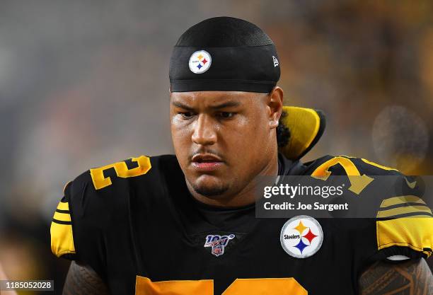 Zach Banner of the Pittsburgh Steelers looks on during the game against the Miami Dolphins at Heinz Field on October 28, 2019 in Pittsburgh,...