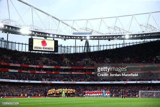 General view as players, officials and fans take part in a moment of silence ahead of Remembrance Day prior to the Premier League match between...