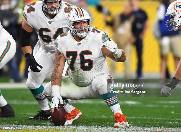 Evan Boehm of the Miami Dolphins in action during the game against the Pittsburgh Steelers at Heinz Field on October 28, 2019 in Pittsburgh,...