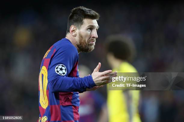 Lionel Messi of FC Barcelona gestures during the UEFA Champions League group F match between FC Barcelona and Borussia Dortmund at Camp Nou on...