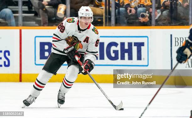 Patrick Kane of the Chicago Blackhawks skates against the Nashville Predators at Bridgestone Arena on October 29, 2019 in Nashville, Tennessee.