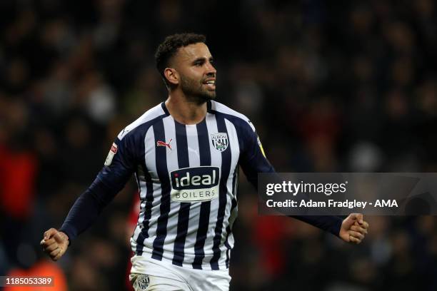 Hal Robson-Kanu of West Bromwich Albion celebrates after scoring a goal to make it 3-1 during the Sky Bet Championship match between West Bromwich...