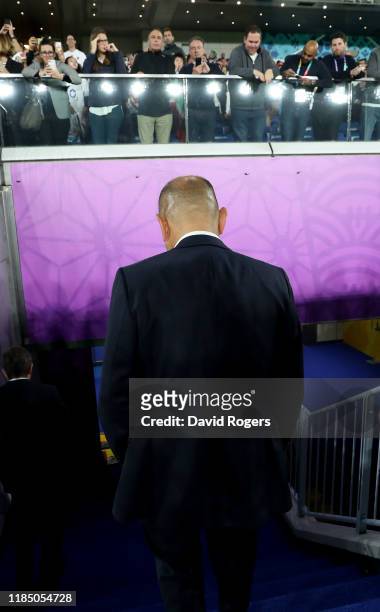 Eddie Jones, the England head coach, walks off the pitch after their defeat during the Rugby World Cup 2019 Final between England and South Africa at...