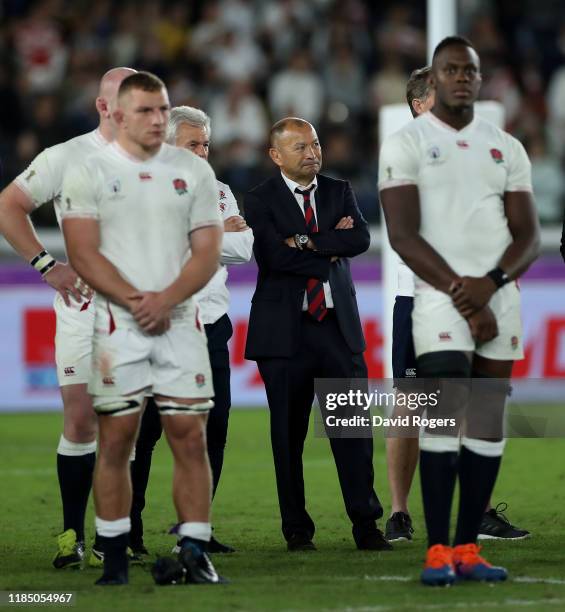 Eddie Jones, the England head coach, looks dejected after their defeat during the Rugby World Cup 2019 Final between England and South Africa at...