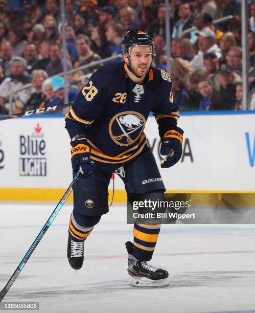 Zemgus Girgensons of the Buffalo Sabres skates during an NHL game against the Arizona Coyotes on October 28, 2019 at KeyBank Center in Buffalo, New...