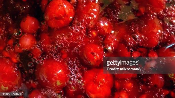 red jello dessert with berry fruit, homemade dessert - juicy raspberry stock pictures, royalty-free photos & images