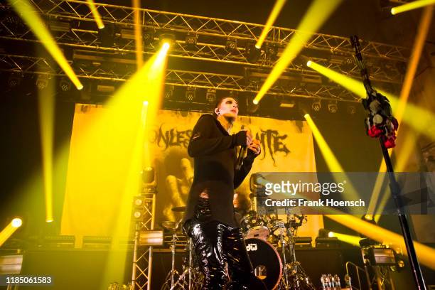 Singer Chris Cerulli of the American band Motionless in White performs live on stage during a concert at the Kesselhaus on November 27, 2019 in...