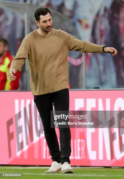 Sandro Schwarz, Head Coach of 1. FSV Mainz 05 reacts during the Bundesliga match between RB Leipzig and 1. FSV Mainz 05 at Red Bull Arena on November...