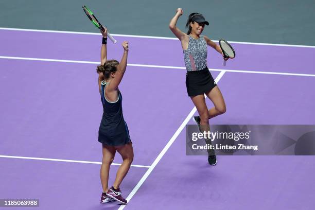 Su-Wei Hsieh of Chinese Taipei and Barbora Strycova of the Czech Republic celebrate match point against Anna-Lena Groenefeld of Germany and Demi...