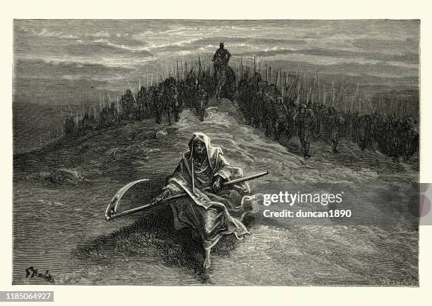 illustrations, cliparts, dessins animés et icônes de faucheuse grim diriger l'armée des morts. orlando furioso - mort description physique