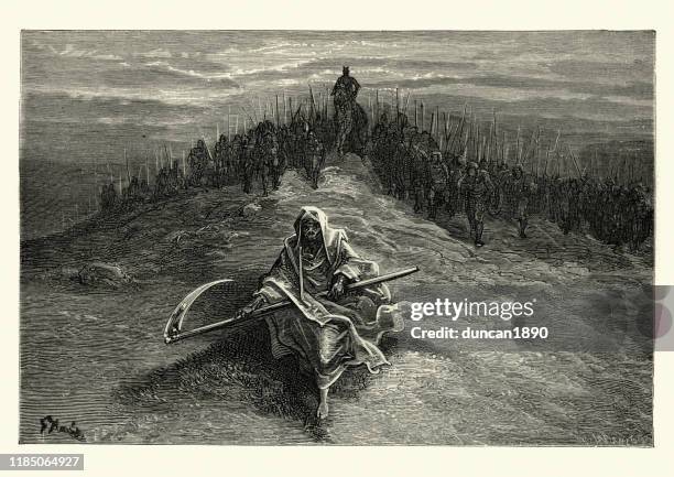 grim reaper leading the army of the dead. orlando furioso - vintage haunting stock illustrations